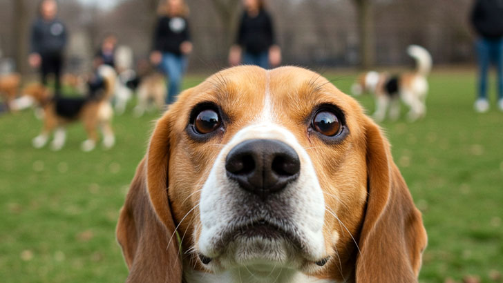 ドッグランで、フレーム外の何かを見ているビーグル犬。驚いたような、あるいは少しショックを受けたような表情。