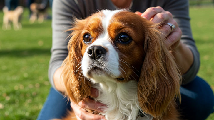 ドッグランで飼い主に優しく診察されるキャバリア犬。飼い主の手が見え、犬の毛並みを注意深くチェックしている。