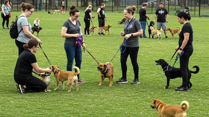 ドッグランのワイドショット。犬と触れ合っている飼い主もいれば、注意深く犬の遊びを見ている飼い主もいる。