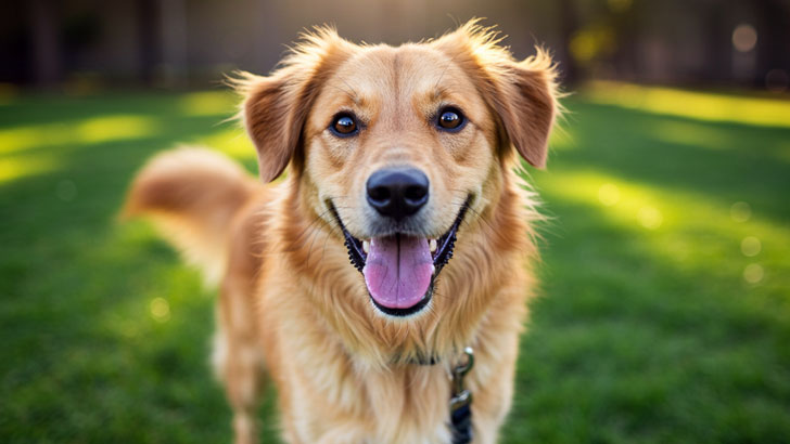 日当たりのよいドッグランで、しっぽを振ってカメラを直視する犬。